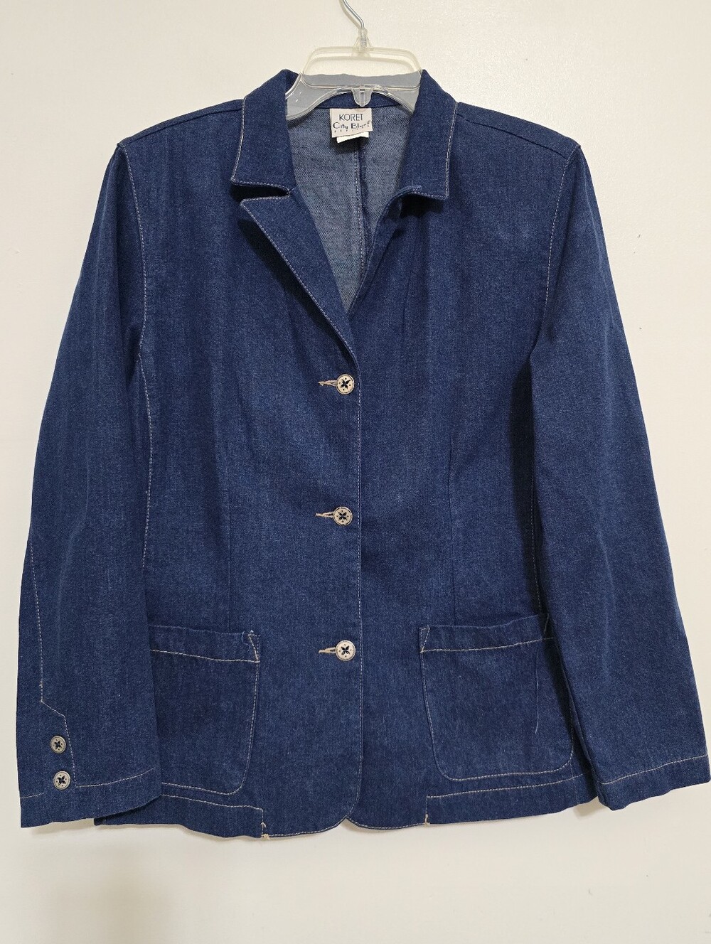 vintage KORET CITY BLUES size Large PETITE Button Down Denim Blazer Shoulder Pad